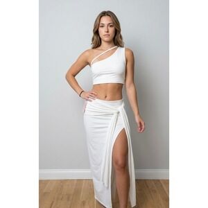 Micas white Asymmetrical One Shoulder Crop Top & Wrap Skirt Set Two Piece M NEW